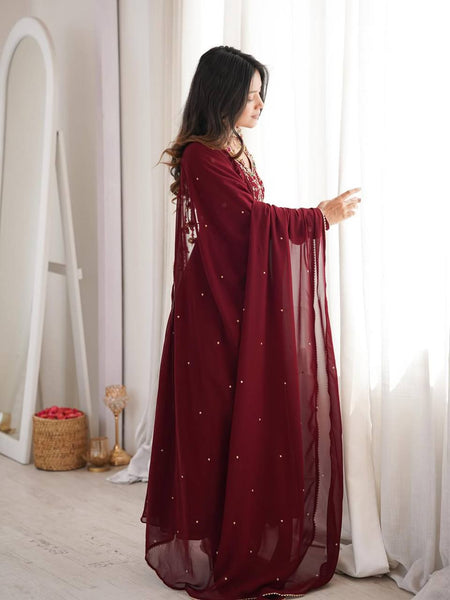 Elegant Faux Georgette Gown Set with Hand-Crafted Beading