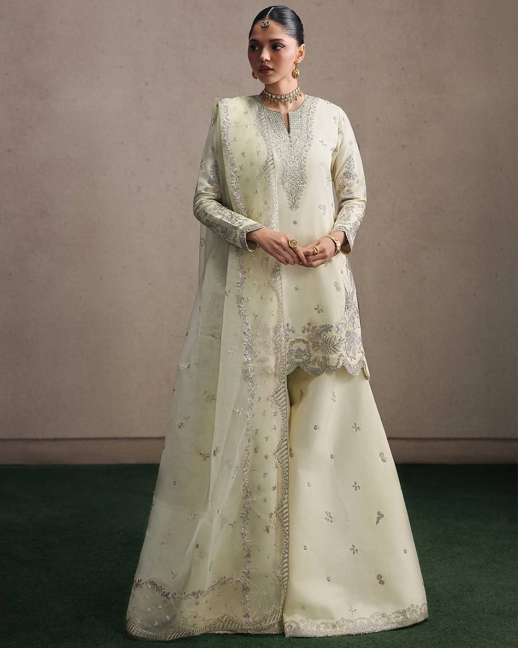 Premium Natural Crepe Silk Sharara Suit with Multi-Needle Sequence Embroidery