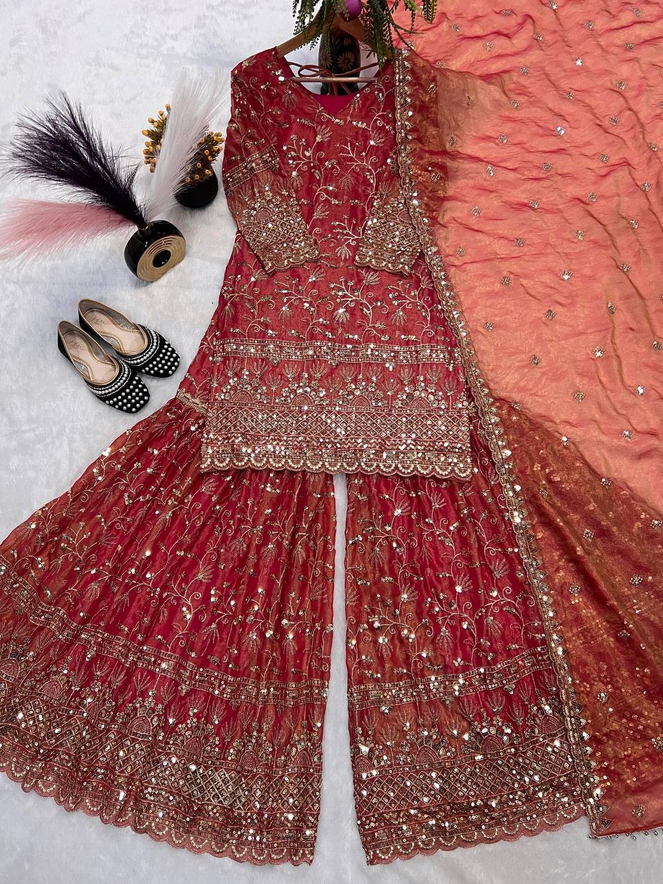 Elegant Heavy Fandy Crushi Silk Sharara Set