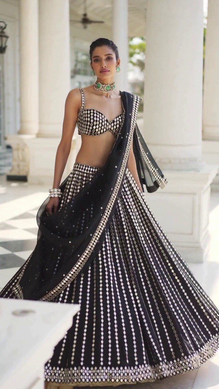 Premium Organza Silk Lehenga Choli with Paper Mirror Zari Embroidery