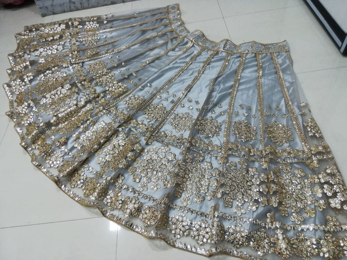 Elegant Gray Net Lehenga Choli with Mirror Jari Embroidery