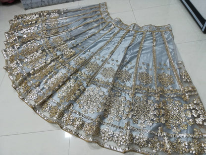 Elegant Gray Net Lehenga Choli with Mirror Jari Embroidery
