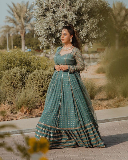 Bottle Green Embroidered Faux Georgette Lehenga Choli Set