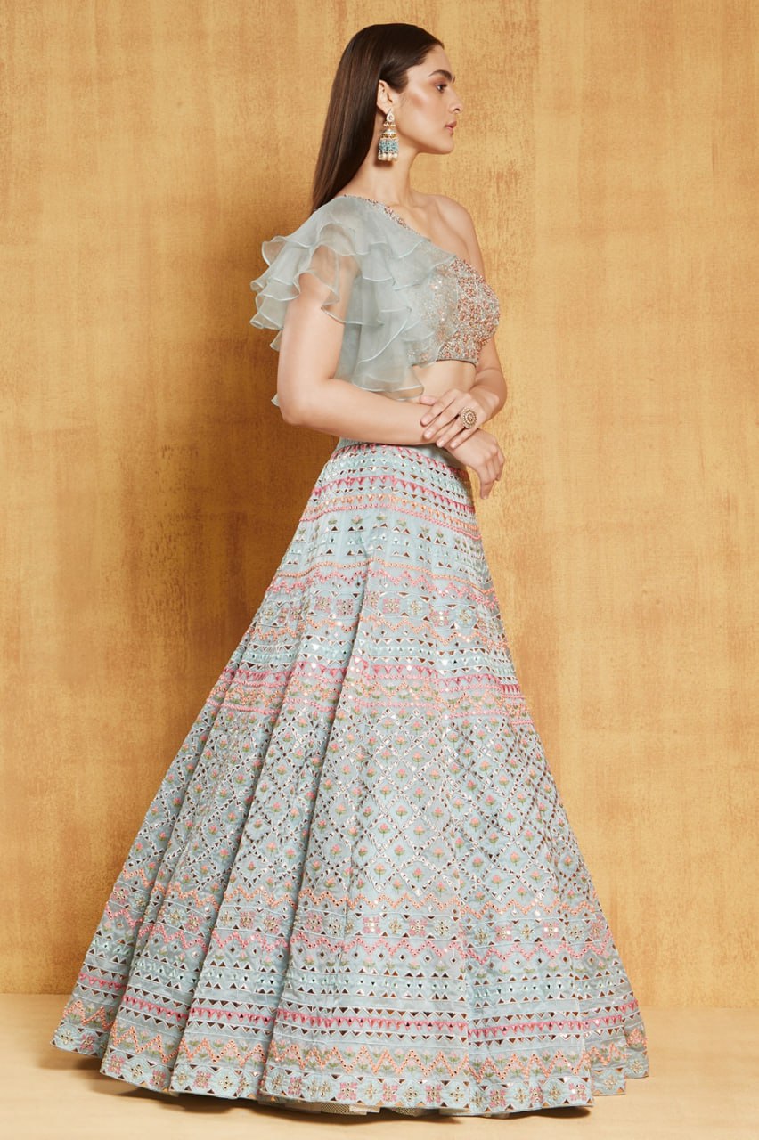Light Green Organza Silk Lehenga Choli Set
