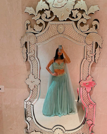 Turquoise Georgette Crush Work Lehenga Set