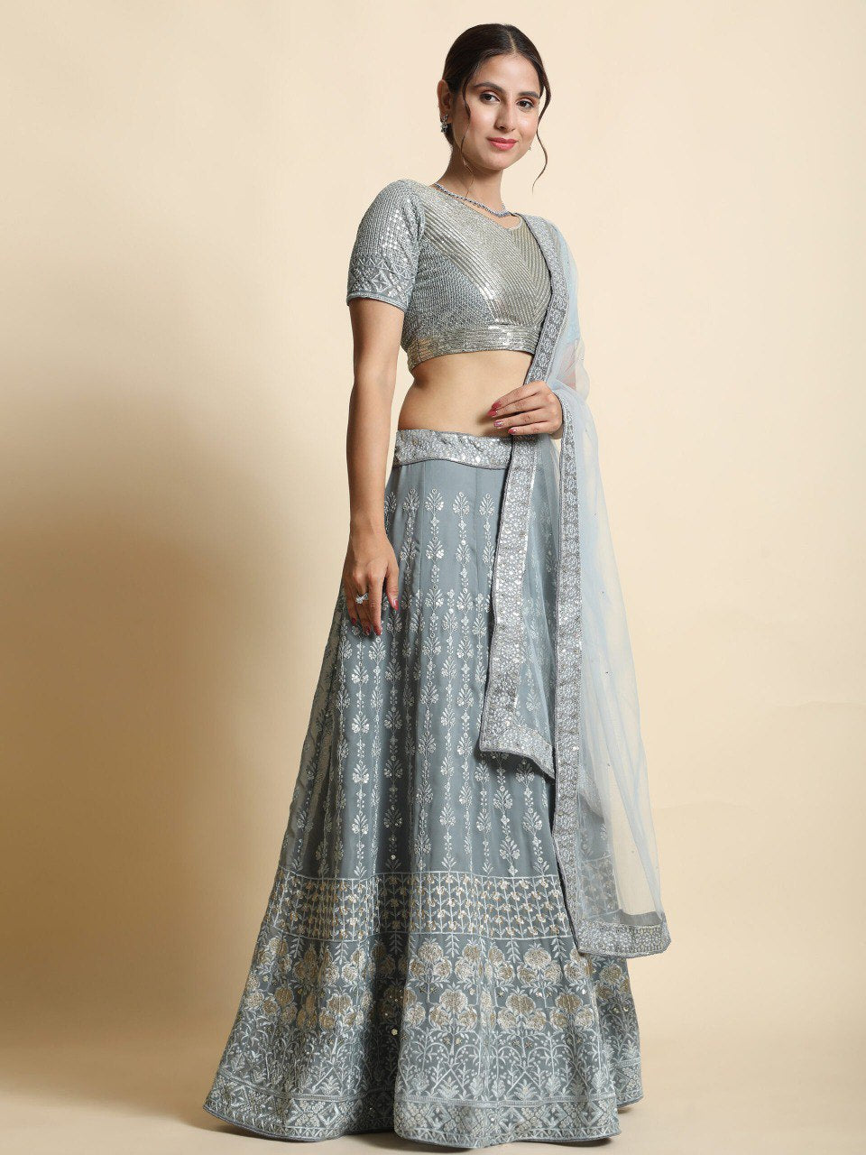 Exquisite Faux Georgette Sequin Embroidered Lehenga Set