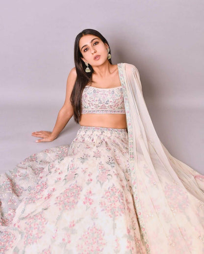 Exquisite Cream Georgette Lehenga Choli with Multi Thread Embroidery