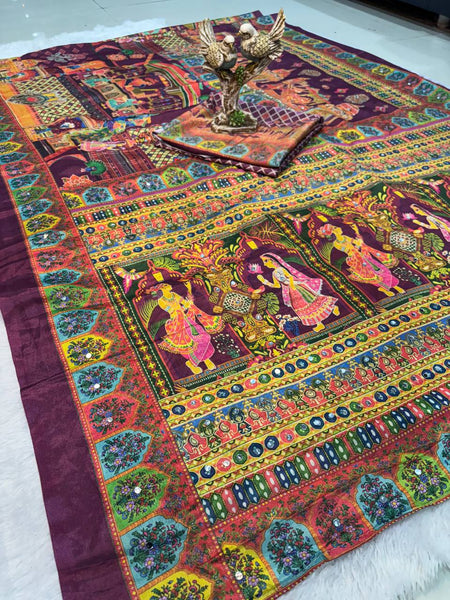 Ajrakh Print Mirror Work Chinnon Saree