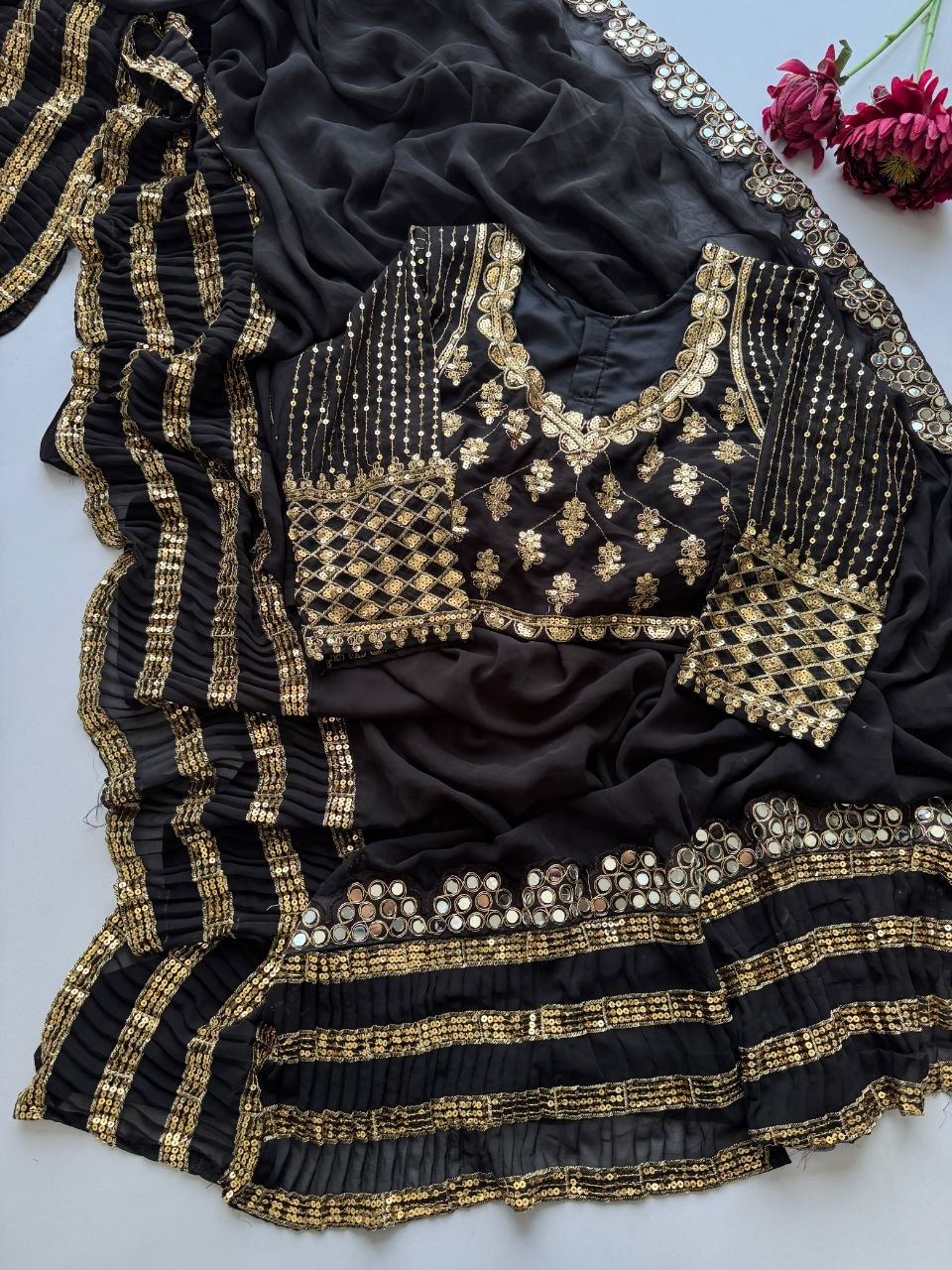 Glamorous Black Crush Pleated Georgette Saree