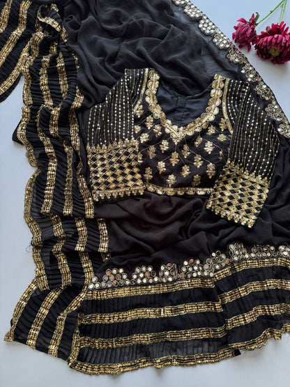 Glamorous Black Crush Pleated Georgette Saree