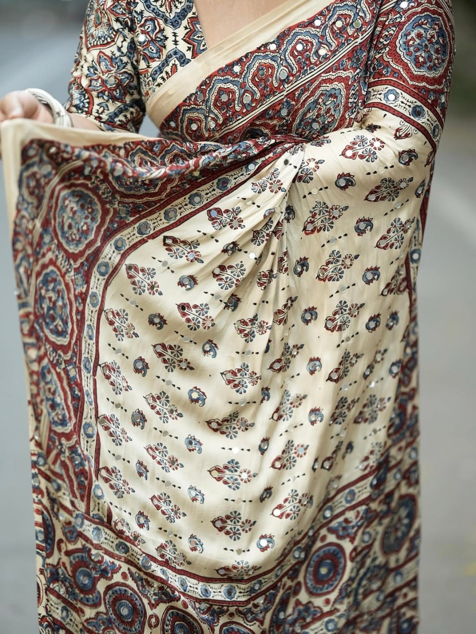 Premium Digital Print Silk Crape Saree with Mirror Work