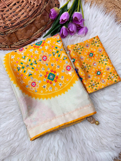 Soft Chinnon Printed Blouse with Real Mirror Work Saree