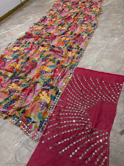 Elegant Digital Printed Star Georgette Saree with Handcrafted Real Mirror & Bead Embellishments