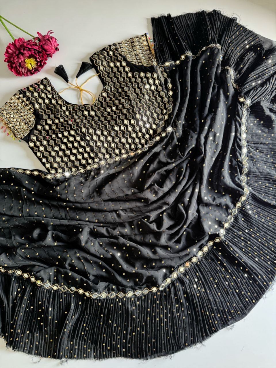 Sequins Faux Georgette Saree with Crush Pleats & Stitched Real Mirror Work Blouse