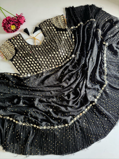 Sequins Faux Georgette Saree with Crush Pleats & Stitched Real Mirror Work Blouse
