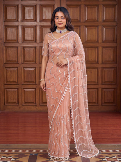 designer Net Embroidered Saree with Beads, Sequins & Pearl Work | Matching Unstitched Blouse