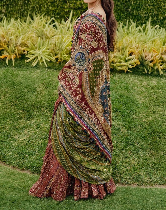 Silk Crepe Printed Saree with Hand Real Mirror Work & Moti Tassels