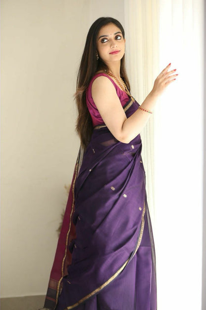 Elegant Soft Linen Slub Saree with Rich Jacquard Weave & Contrast Border Blouse
