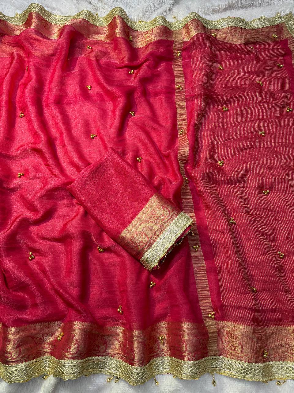 Premium Soft Tissue Silk Saree with Real Ghungroo Work & Minimal Border
