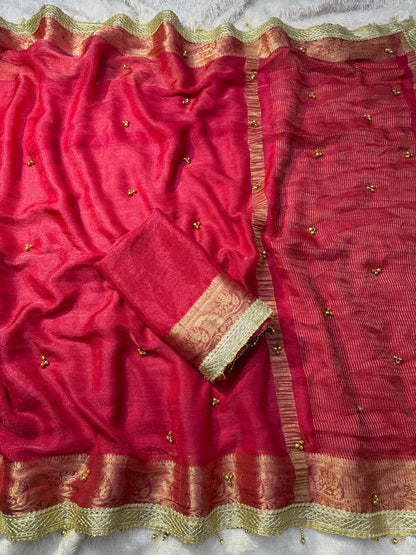 Premium Soft Tissue Silk Saree with Real Ghungroo Work & Minimal Border