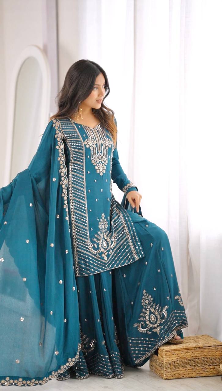SP-107 teal Chinon silk suit dupatta styling