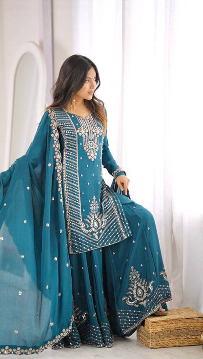 SP-107 teal Chinon silk suit dupatta styling