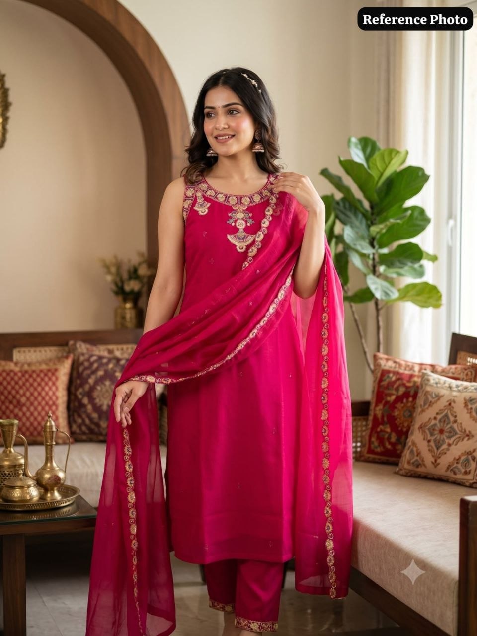 Model wearing pink embroidered kurta set reference photo 5