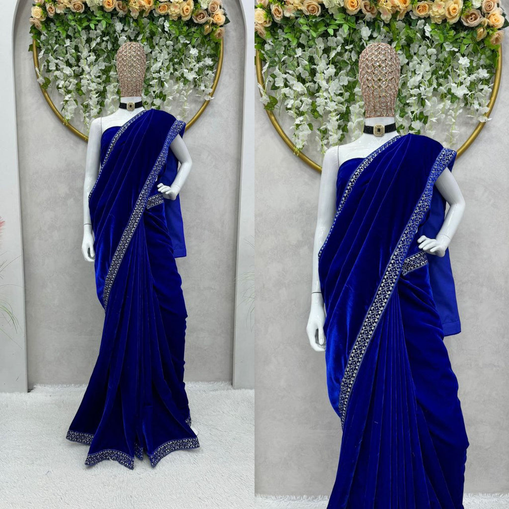 Buy brulry Solid/Plain Bollywood Velvet Blue Sarees Online @ Best Price In  India | Flipkart.com