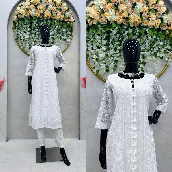 Attractive Embroidered White Georgette Chain-Stitch Kurti With Pent