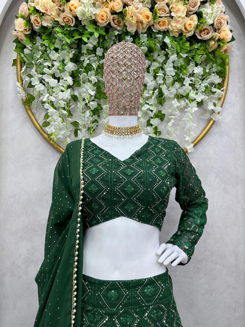 Beautiful Green Color  Georgette Sequence Work Lehenga Choli With Dupatta