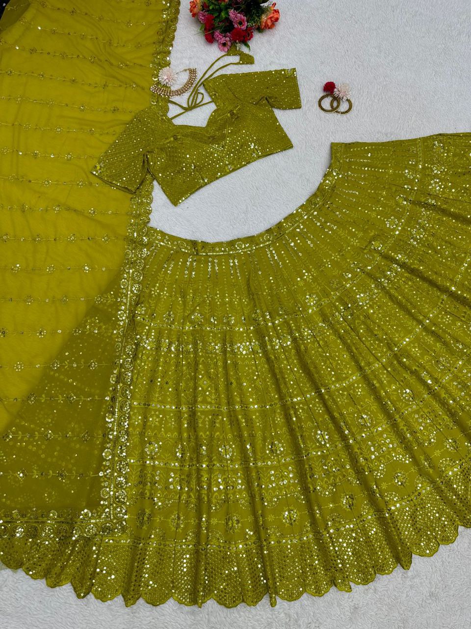 Beautiful Parrot Green Color Georgette Sequence Work Lehenga Choli With Dupatta