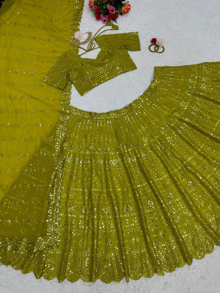 Beautiful Parrot Green Color Georgette Sequence Work Lehenga Choli With Dupatta