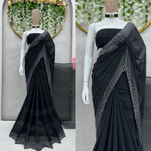 Beautiful Party Wear Black Georgette Sequence Work Saree With Blouse