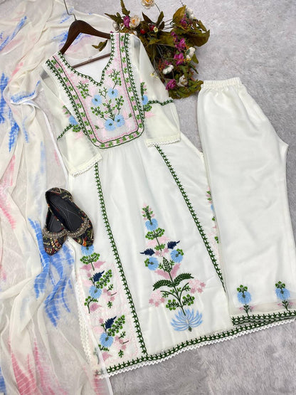 Desirable Fancy Georgette Embroidered Work Top And Pent With Dupatta
