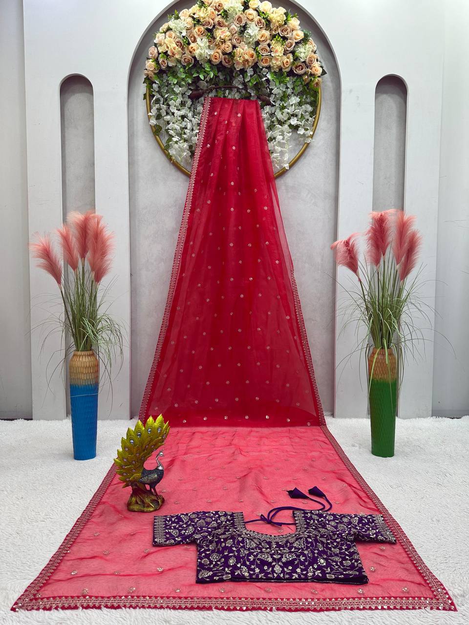 Red Color Organza Silk Sequence Work Wedding Wear Saree Blouse