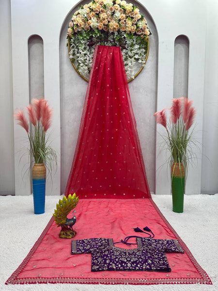 Red Color Organza Silk Sequence Work Wedding Wear Saree Blouse