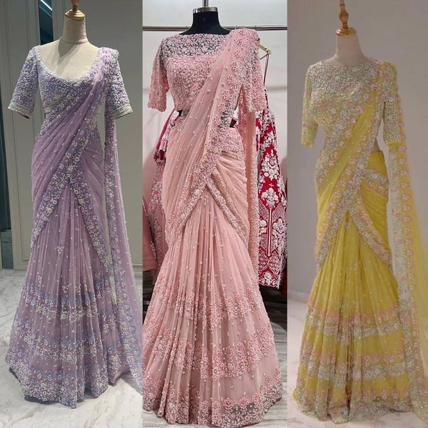 Party Wear Net Sequence Pearl Work Saree Blouse