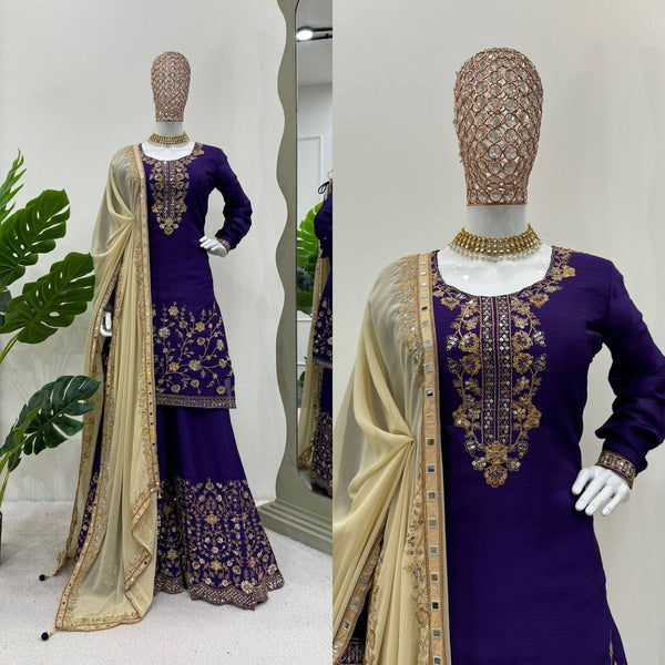 Violet Color Thread Sequence Work Chinon Silk Salwar Suit