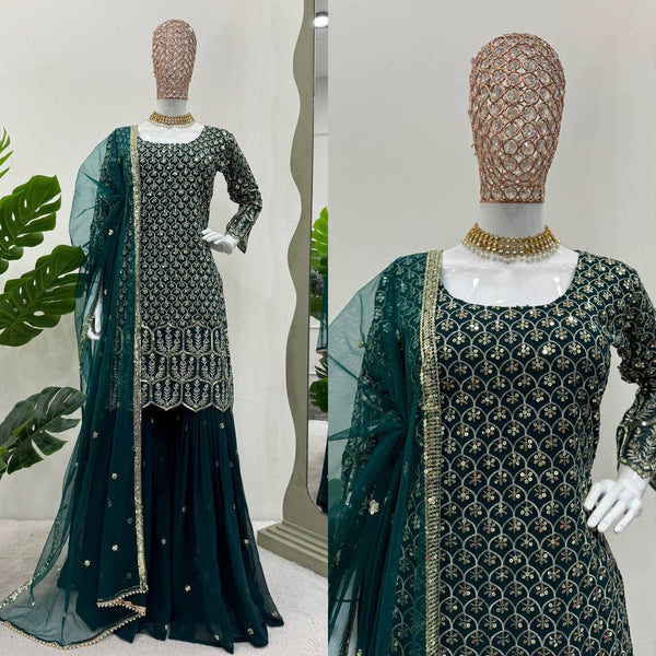 Party Wear Green Color Georgette Sequence Work Sharara Suit