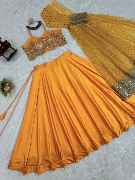 Yellow Color Japan Satin Sequence Thread Work Koti Lehenga Choli