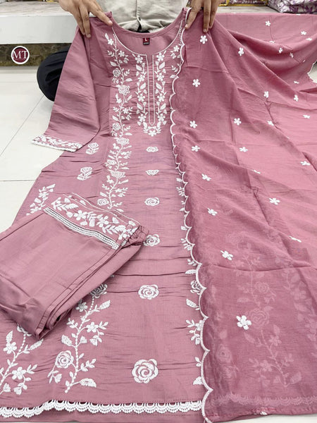 Party Wear Pink Color Roman Silk Embroidered Work Salwar Suit