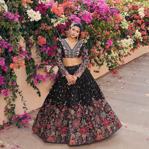 Designer Black Georgette With With Embroidered Work Lehenga