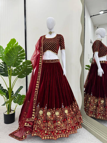 Latest Maroon Wedding Velvet Lehenga For Women