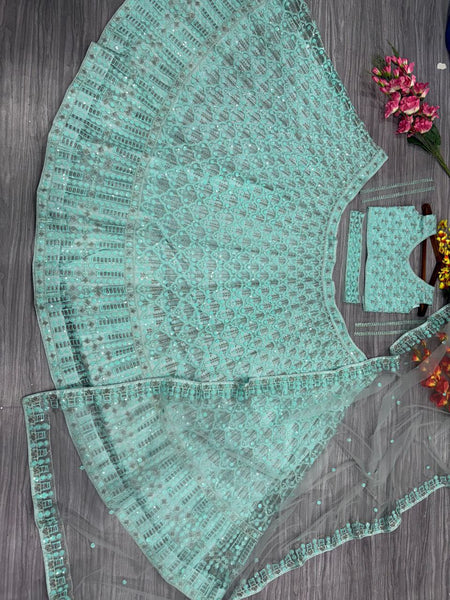 Sea Green Net Sequence Lehenga Choli