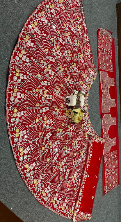 Red Net Party Wear Lehenga For Women