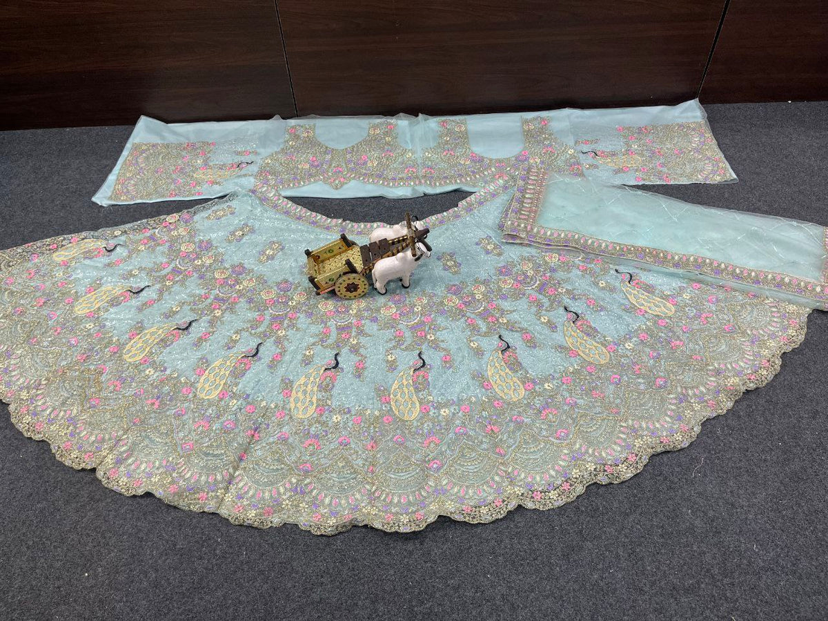 Blue Net Party Wear Lehenga For Women