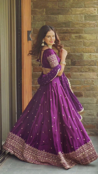 Wine Color Satin Silk Sequence Work Lehenga Choli