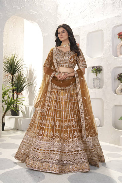 Mustard color Embroidery With Sequence Work Net Lehenga Choli