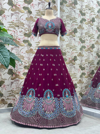 Wedding Wear Wine Georgette Sequence Lehenga Choli