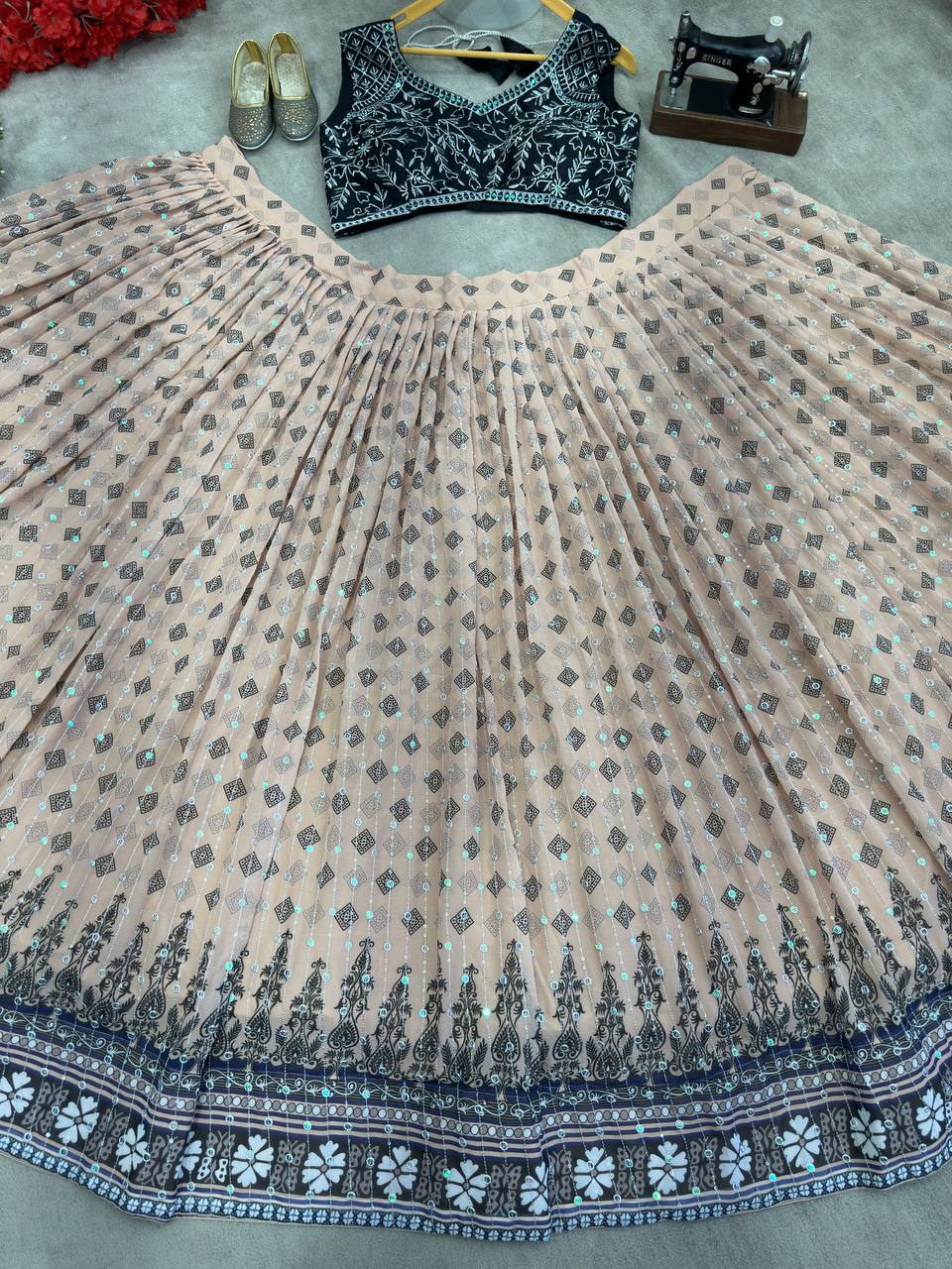 Cream Color Georgette Sequence 4 Meter Flair Lehenga Choli